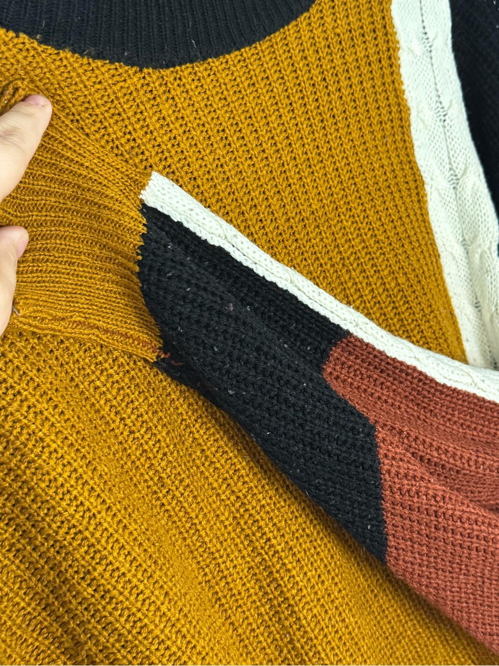 Colorblock Crewneck Sweater with Cable Accent - Mustard, Black, Rust - Picture 4 of 6